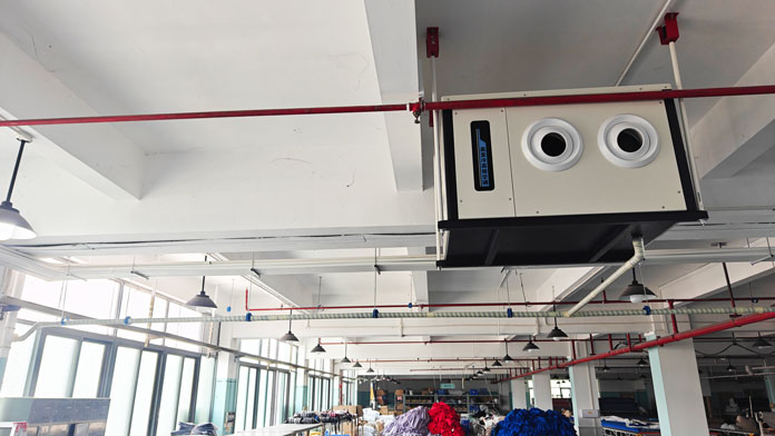 制衣廠整體制冷降溫，應(yīng)用蒸發(fā)冷省電空調(diào)-臥式射流機組